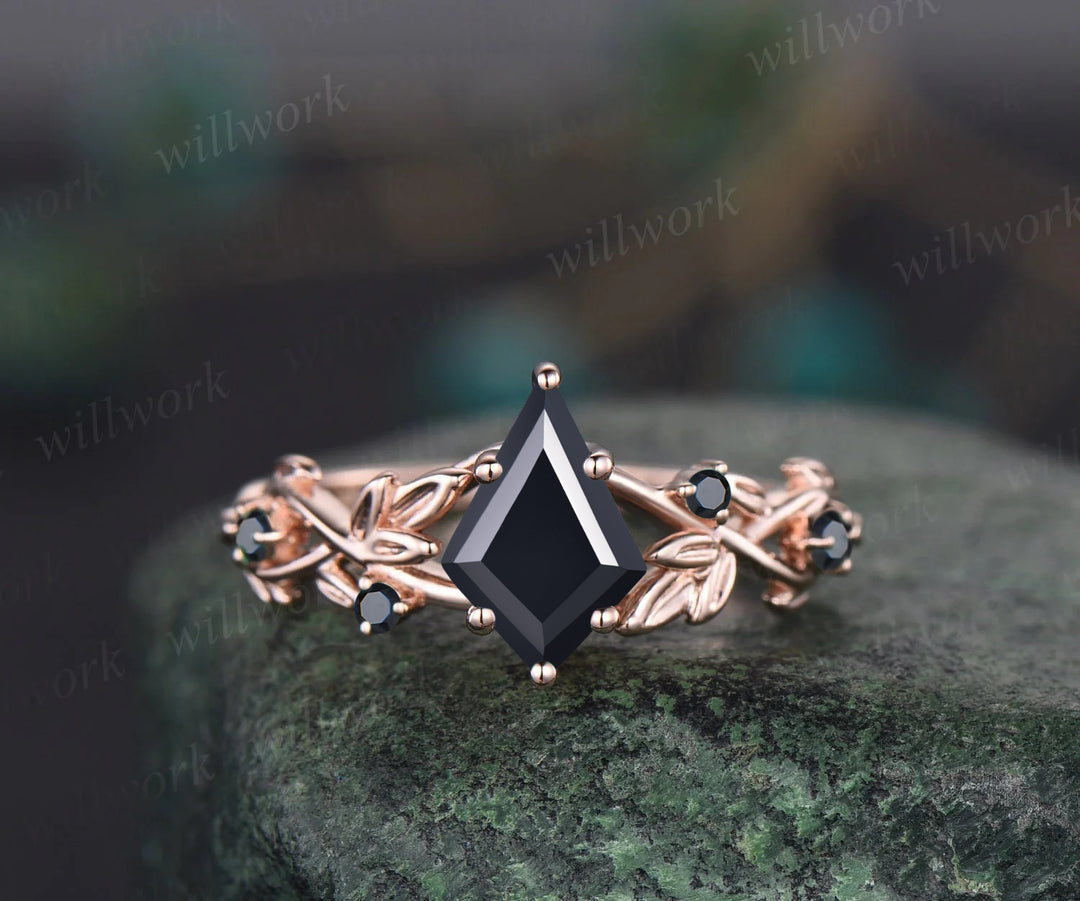 Twig Black Oynx ring vintage kite cut Black Oynx engagement ring nature inspired rose gold ring leaf anniversary ring women unique wedding ring
