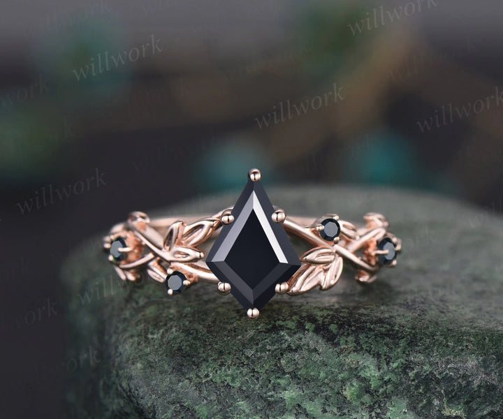 Twig Black Oynx ring vintage kite cut Black Oynx engagement ring nature inspired rose gold ring leaf anniversary ring women unique wedding ring
