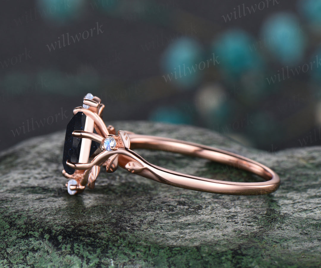 Hexagon Cut Galaxy Blue Sandstone Engagement Ring Unique Leaf Vine Twig Branch Nature Inspired Natural Moonstone Ring 14k Rose Gold Healing Ring