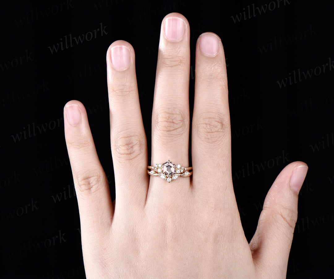 Art Deco Hexagon Cut Natural Pink Morganite Engagement Ring Set Unique Moissanite Cluster Snowdrift Ring 14k Yellow Gold 2pcs Bridal Ring Set Women
