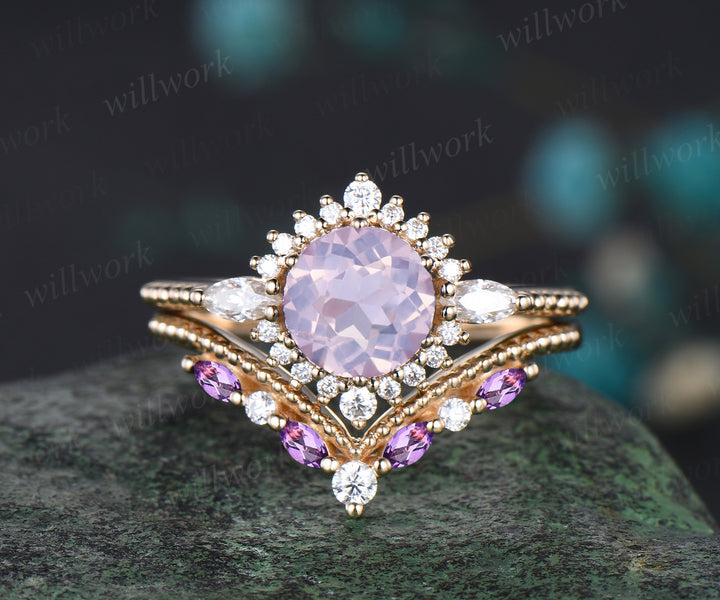 Vintage Round Cut Lavender Amethyst Engagement Ring Set Antique February Birthstone Purple Crystal Moissanite Halo Ring Milgrain 3pcs Bridal Ring Set