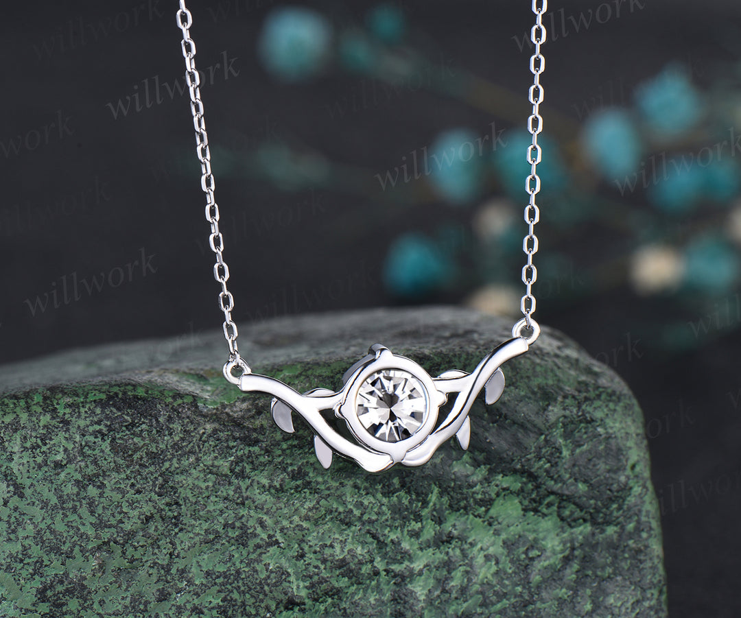 Dainty Round Cut Moissanite Necklace Delicate Vine Twig Branch Nature Inspired Pendant Art Deco 14k White Gold Necklace