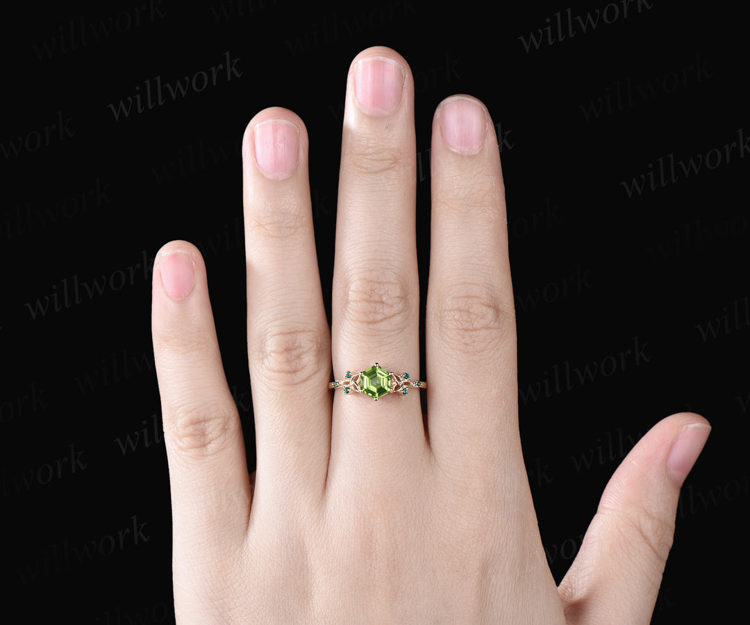 Hexagon Cut Natural Peridot Engagement Ring August Birthstone Celtic Knot Wedding Ring Emerald Seven Stone Bridal Ring