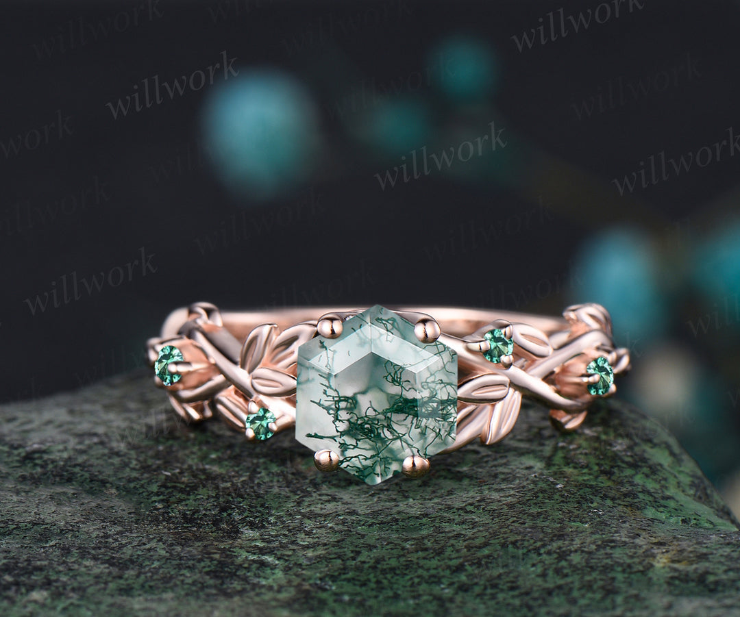 Hexagon Cut Natural Green Moss Agate Engagement Ring Set Leaf Flower Vine Twig Branch Nature Inspired Wedding Ring Unique 14k Rose Gold 2pcs Bridal Ring Set