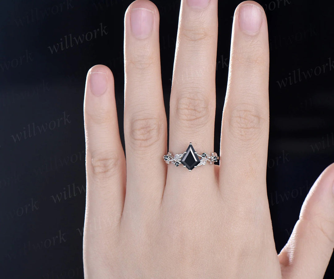 Twig Black Oynx ring vintage kite cut Black Oynx engagement ring nature inspired rose gold ring leaf anniversary ring women unique wedding ring