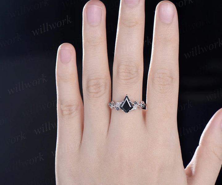 Twig Black Oynx ring vintage kite cut Black Oynx engagement ring nature inspired rose gold ring leaf anniversary ring women unique wedding ring