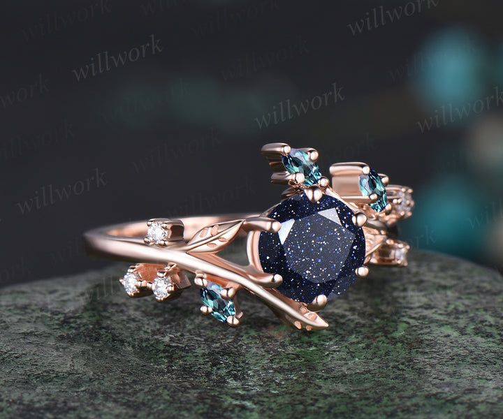 Art Deco Galaxy Blue Sandstone Engagement Ring Alexandrite Moissanite Leaf Vine Twig Branch Nature Inspired Bridal Ring Healing Gift
