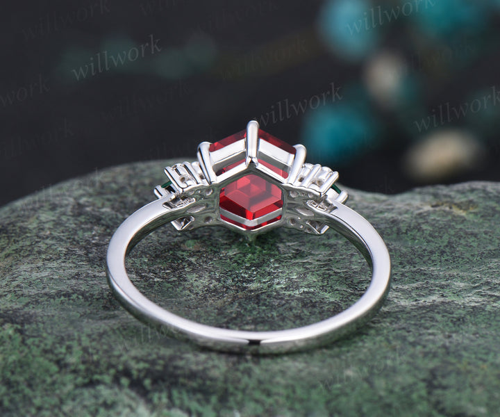 Unique Hexagon Cut July Birthstone Ruby Engagement Ring Moissanite May Birthstone Marquise Emerald Ring Art Deco White Gold Cluster Ring Gift For Mother