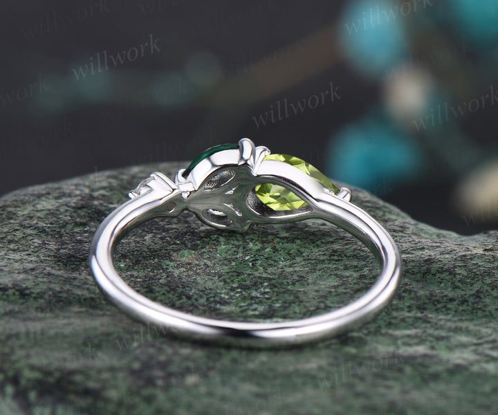 Minimalist Pear Cut August Birthstone Natural Peridot Ring Unique Rose Flower Floral Leaf Wedding Band Marquise Emerald Green Gemstone Promise Ring Delicate Jewelry Gift