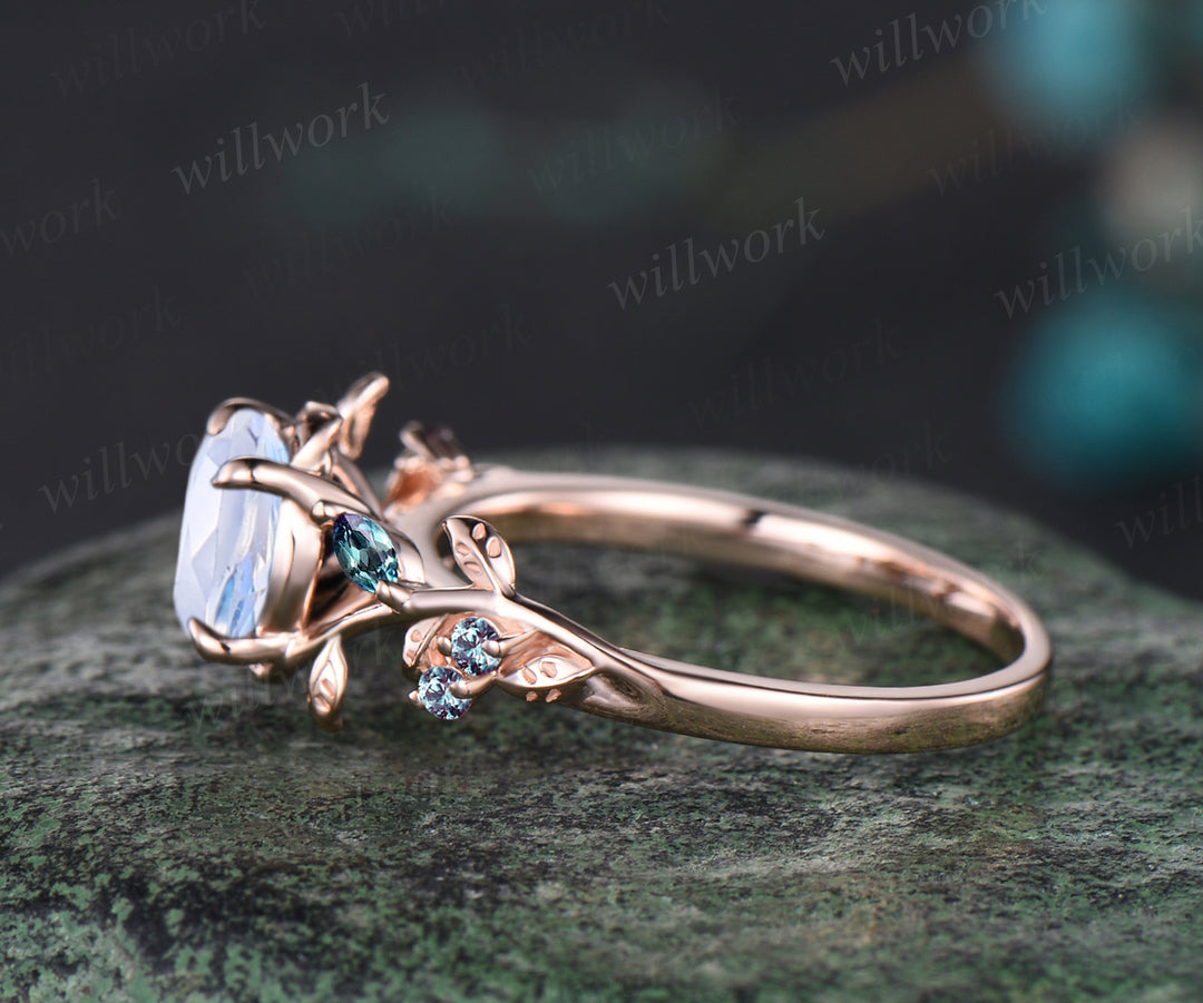 Unique Round Cut June Birthstone Natural Moonstone Engagement Ring 14k Rose Gold Alexandrite Leaf Vine Twig Branch Nature Inspired Bridal Ring