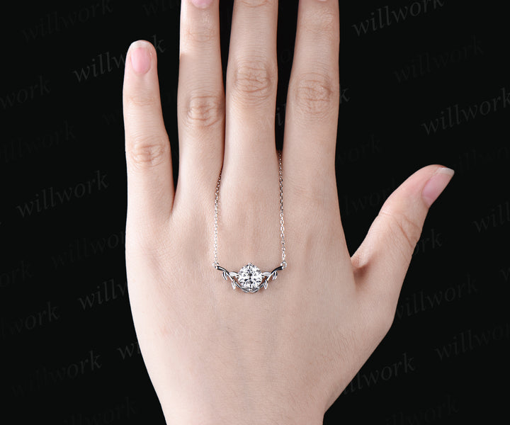 Dainty Round Cut Moissanite Necklace Delicate Vine Twig Branch Nature Inspired Pendant Art Deco 14k White Gold Necklace