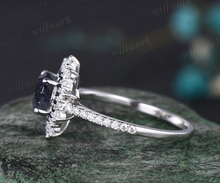 Galaxy Round Blue Sandstone Engagement Ring Unique Black Diamond Spinel Moissanite Double Halo Wedding Ring Art Deco Healing Half Eternity Bridal Ring