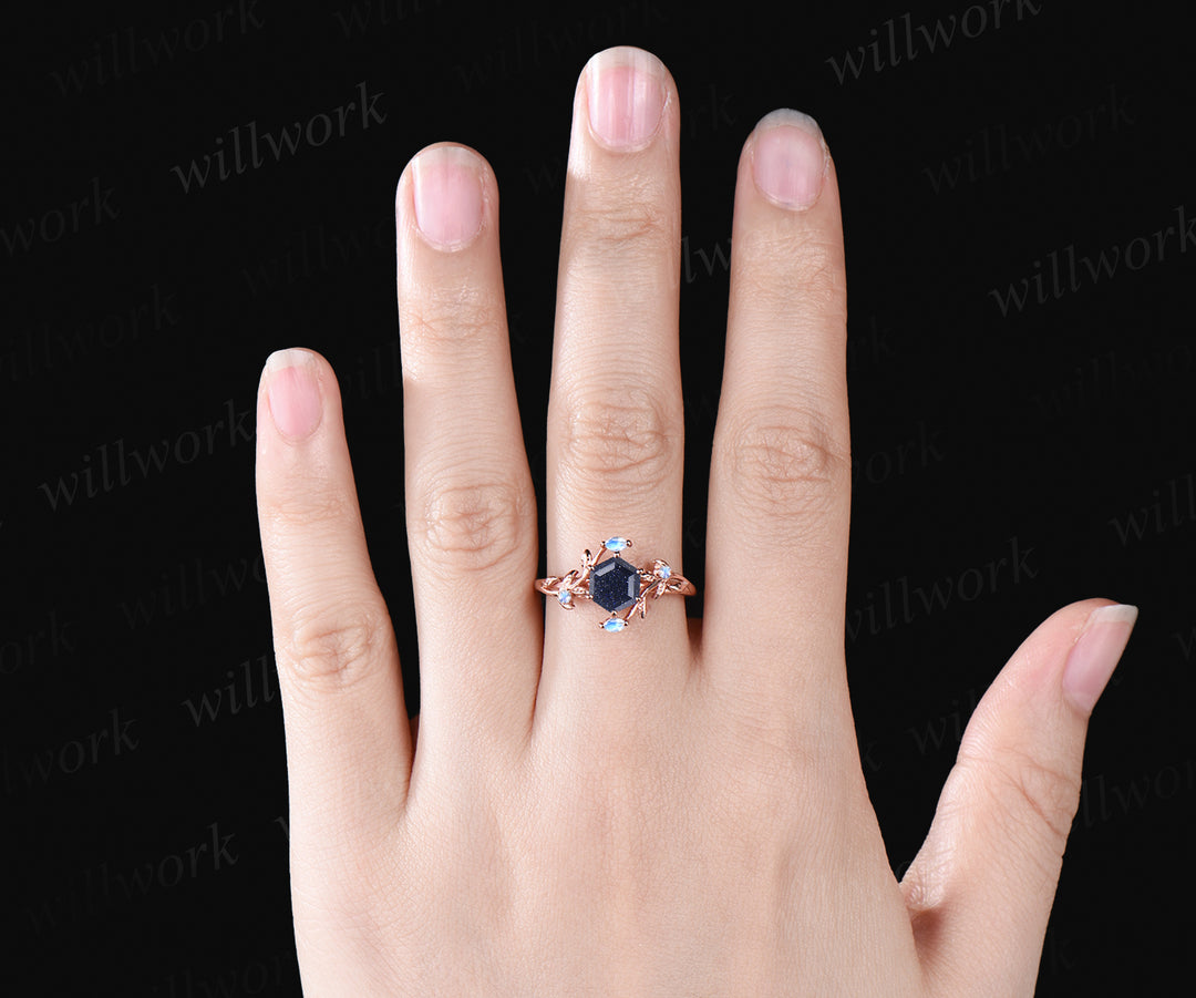 Hexagon Cut Galaxy Blue Sandstone Engagement Ring Unique Leaf Vine Twig Branch Nature Inspired Natural Moonstone Ring 14k Rose Gold Healing Ring