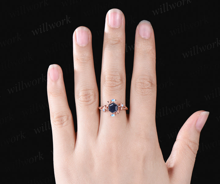 Hexagon Cut Galaxy Blue Sandstone Engagement Ring Unique Leaf Vine Twig Branch Nature Inspired Natural Moonstone Ring 14k Rose Gold Healing Ring