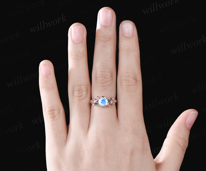 Unique Round Cut June Birthstone Natural Moonstone Engagement Ring 14k Rose Gold Alexandrite Leaf Vine Twig Branch Nature Inspired Bridal Ring