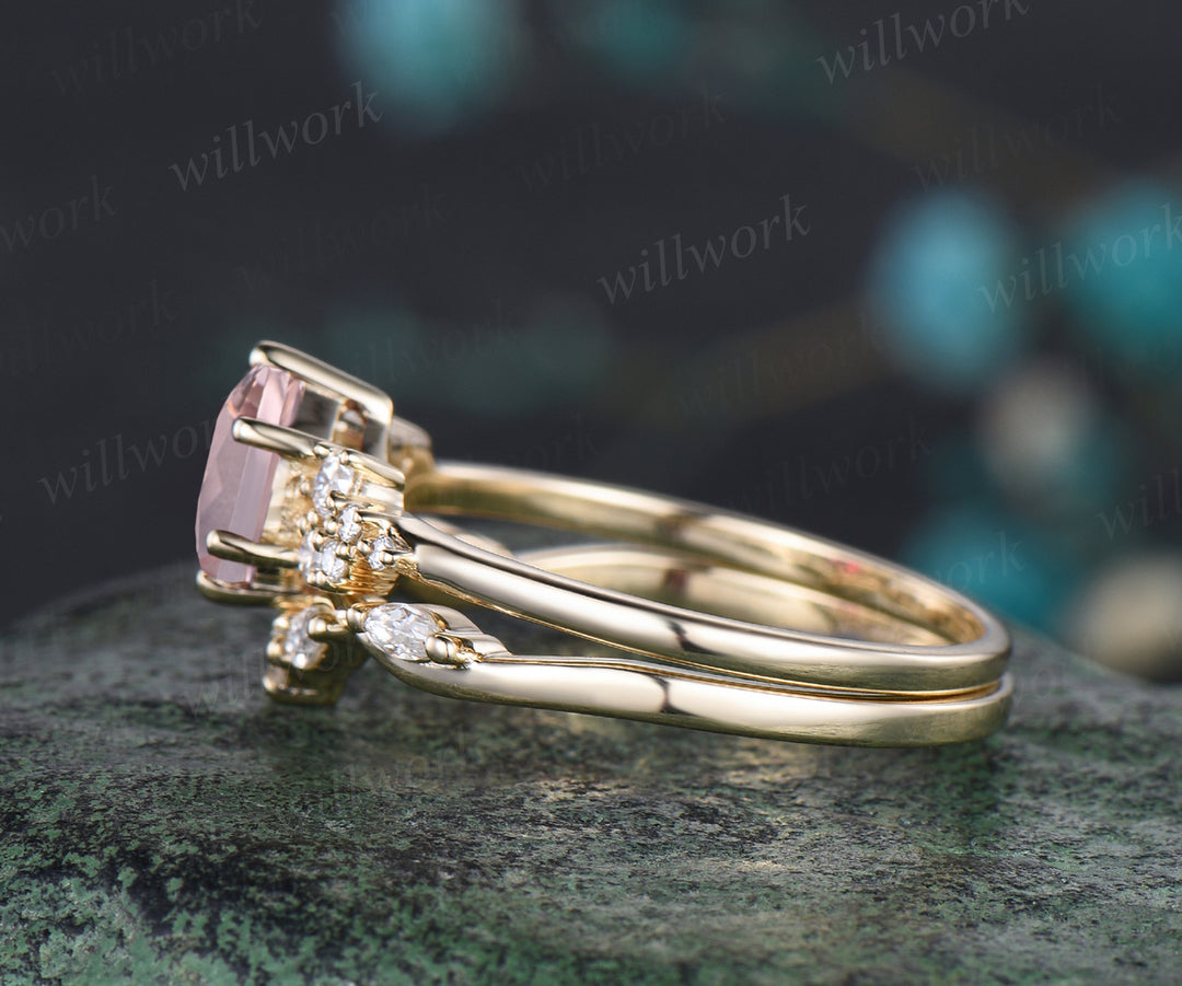 Art Deco Hexagon Cut Natural Pink Morganite Engagement Ring Set Unique Moissanite Cluster Snowdrift Ring 14k Yellow Gold 2pcs Bridal Ring Set Women
