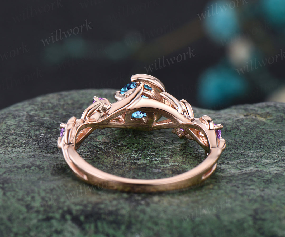 Round Cut Alexandrite June Birthstone Engagement Ring Unique Amethyst Moon Star Wedding Ring Leaf Vine Twig Branch Nature Inspired Anniversary Ring Jewelry Gift