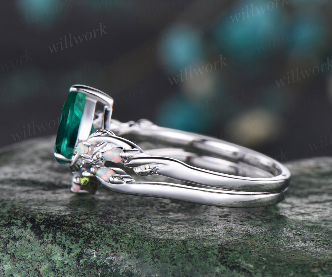 Unique May Birthstone Pear Cut Emerald Engagement Ring Set Leaf Vine Twig Branch Nature Inspired Ring Natural Peridot Opal Wedding Band Art Deco 2pcs Bridal Ring Set Green Gemstone Ring Women