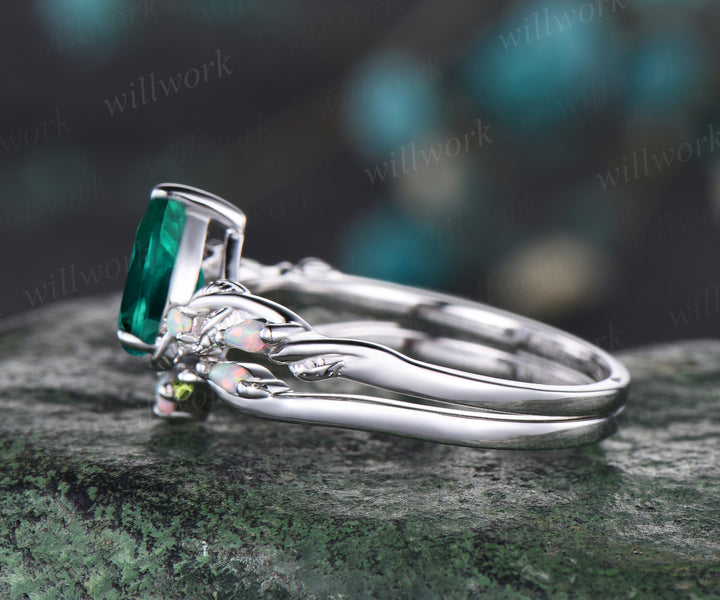 Unique May Birthstone Pear Cut Emerald Engagement Ring Set Leaf Vine Twig Branch Nature Inspired Ring Natural Peridot Opal Wedding Band Art Deco 2pcs Bridal Ring Set Green Gemstone Ring Women