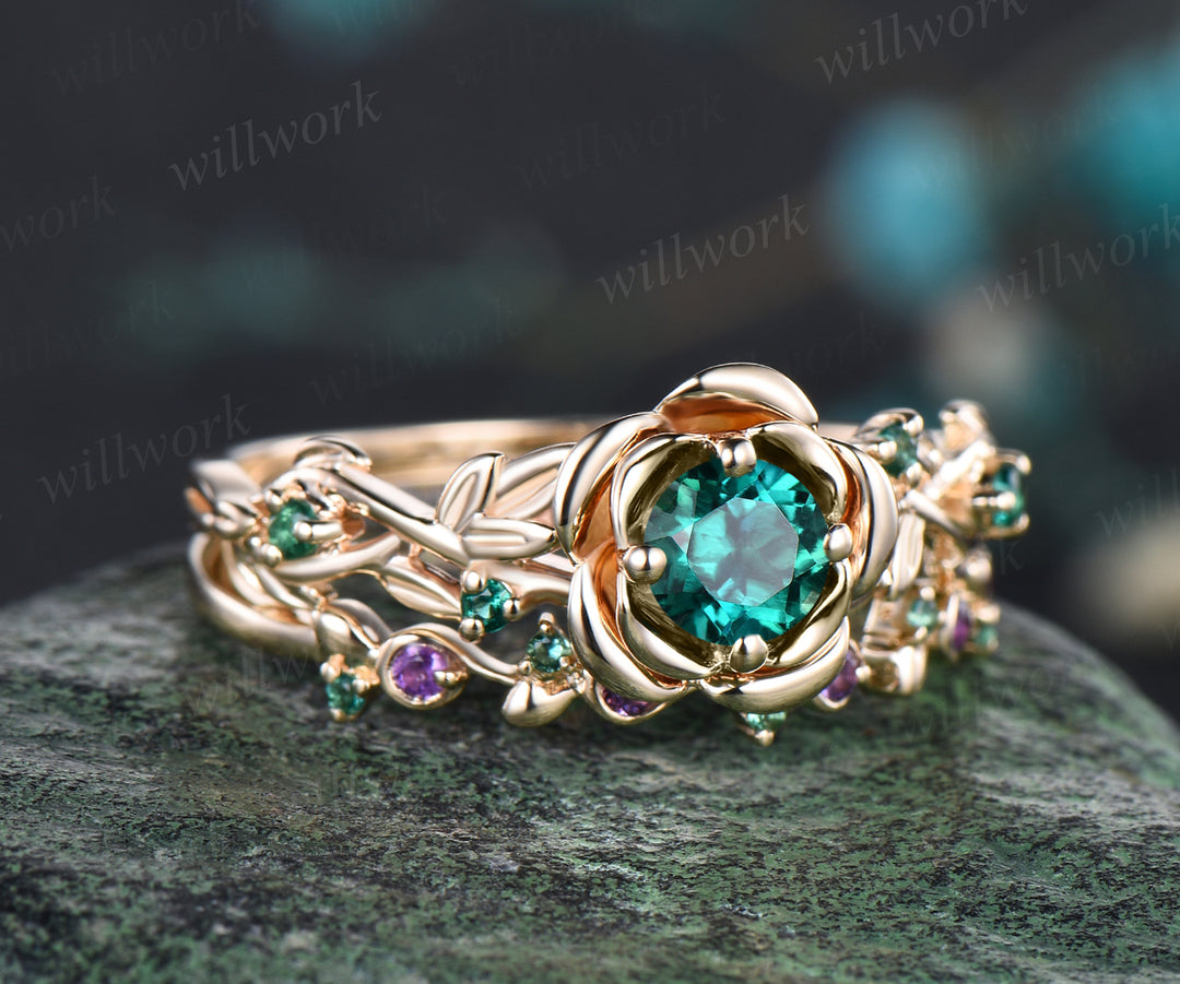 Unique Rose Flower Vine Twig Branch Nature Inspired Ring May Birthstone Emerald Engagement Ring Amethyst Floral Leaf Wedding Band 14k Yellow Gold 2pcs Bridal Ring Set