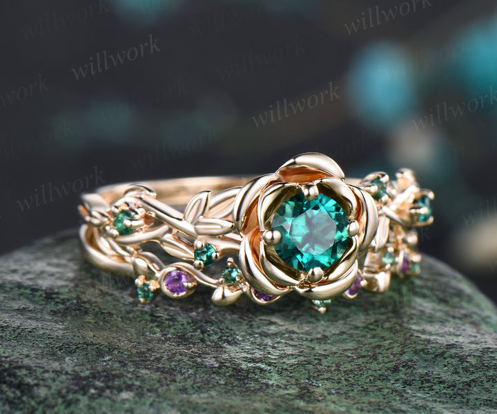 Unique Rose Flower Vine Twig Branch Nature Inspired Ring May Birthstone Emerald Engagement Ring Amethyst Floral Leaf Wedding Band 14k Yellow Gold 2pcs Bridal Ring Set