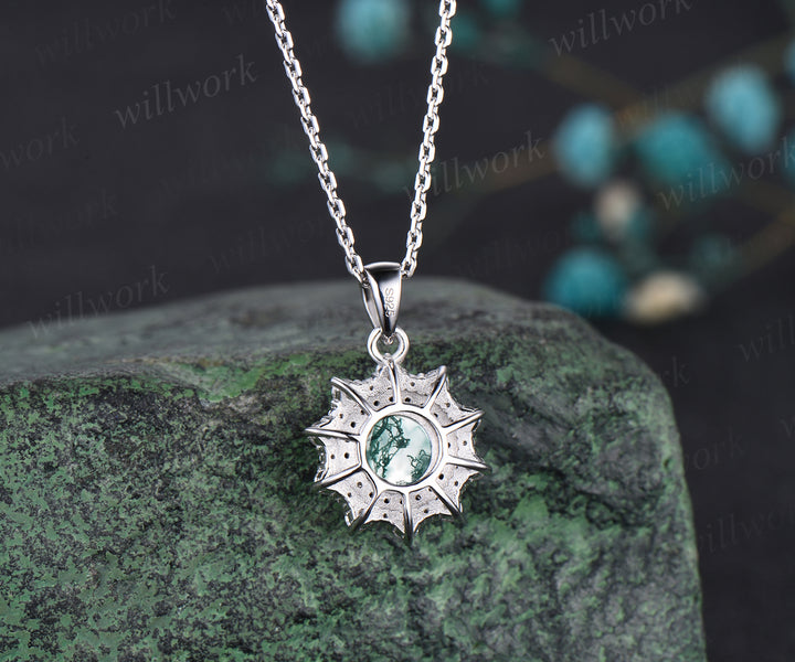 Minimalist Round Moss Agate Necklace Unique 14k White Gold Double Halo Pendant Diamond Black Spinel Moissanite Bridal Promise Necklace Gift