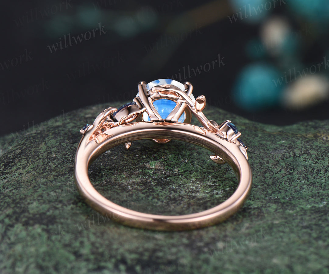 Unique Round Cut June Birthstone Natural Moonstone Engagement Ring 14k Rose Gold Alexandrite Leaf Vine Twig Branch Nature Inspired Bridal Ring