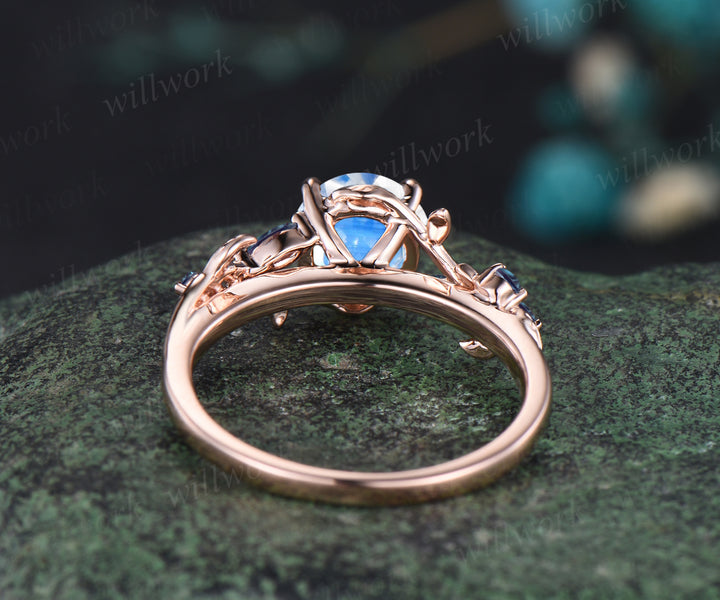 Unique Round Cut June Birthstone Natural Moonstone Engagement Ring 14k Rose Gold Alexandrite Leaf Vine Twig Branch Nature Inspired Bridal Ring