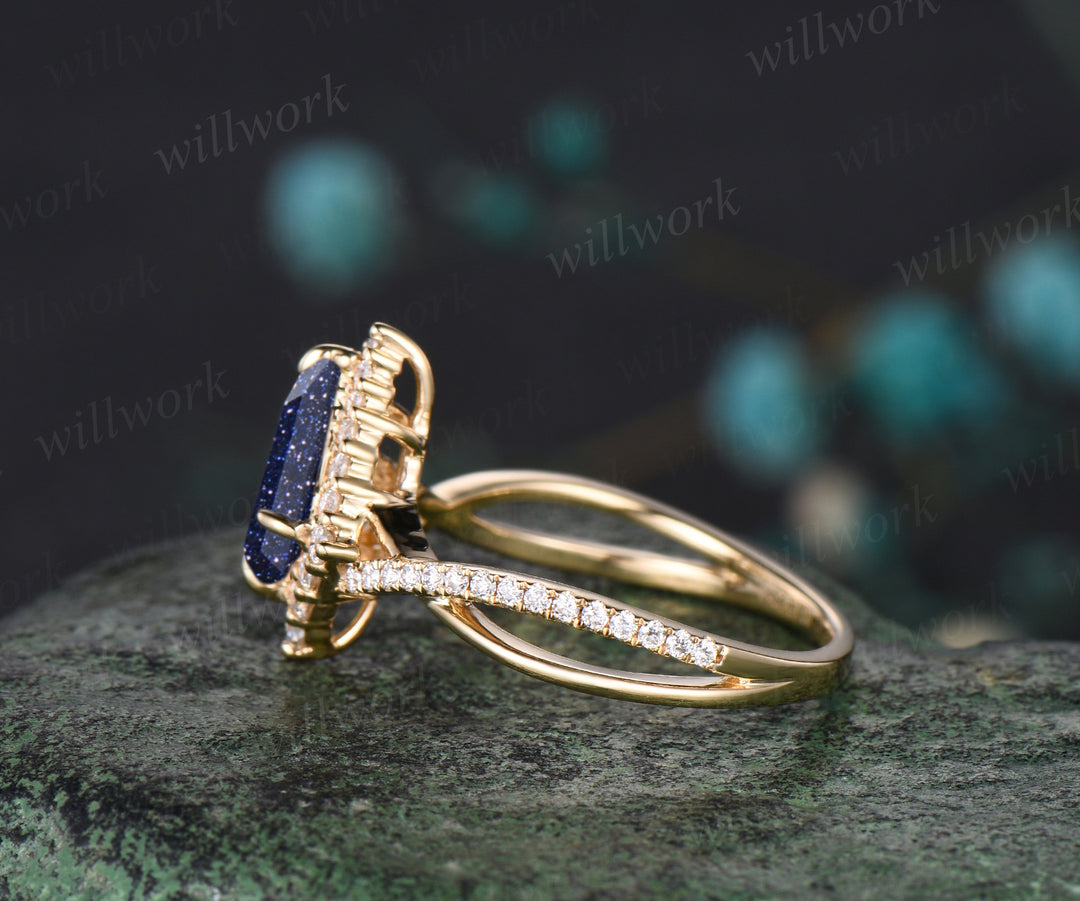 Vintage kite cut Blue Sandstone  engagement ring 14k rose gold eternity infinity Twisted snowdrift halo diamond wedding bridal ring women gift