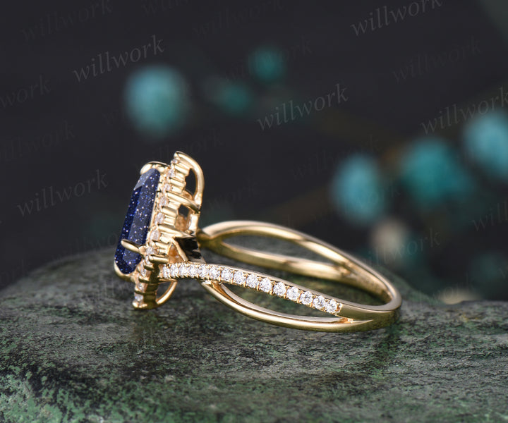 Vintage kite cut Blue Sandstone  engagement ring 14k rose gold eternity infinity Twisted snowdrift halo diamond wedding bridal ring women gift