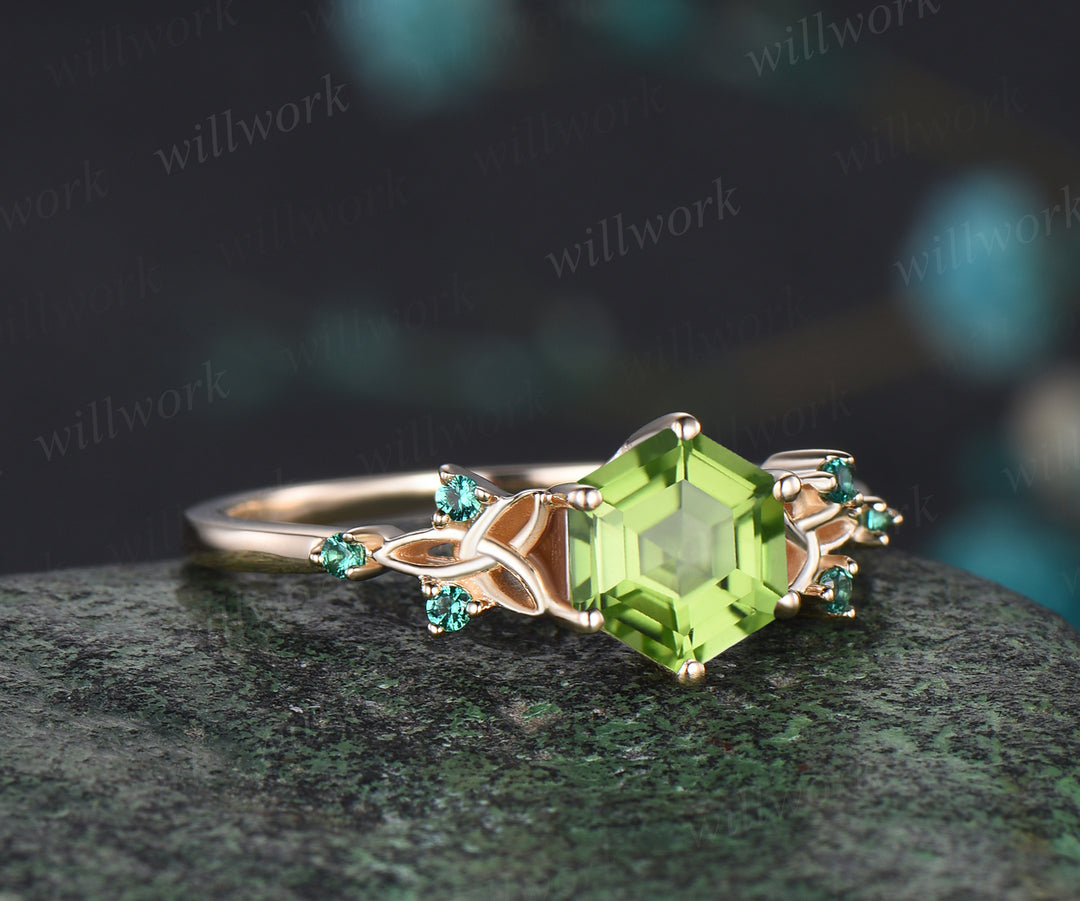 Hexagon Cut Natural Peridot Engagement Ring August Birthstone Celtic Knot Wedding Ring Emerald Seven Stone Bridal Ring