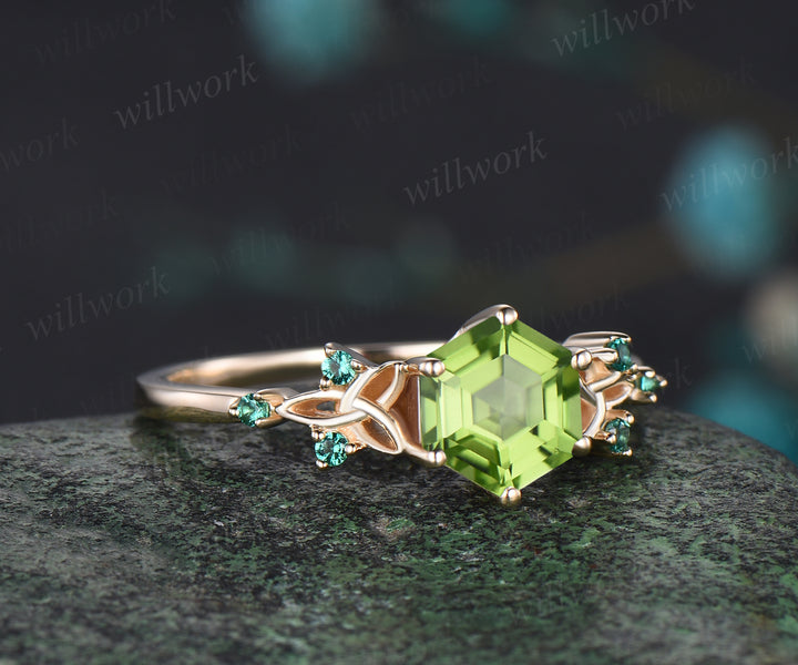 Hexagon Cut Natural Peridot Engagement Ring August Birthstone Celtic Knot Wedding Ring Emerald Seven Stone Bridal Ring