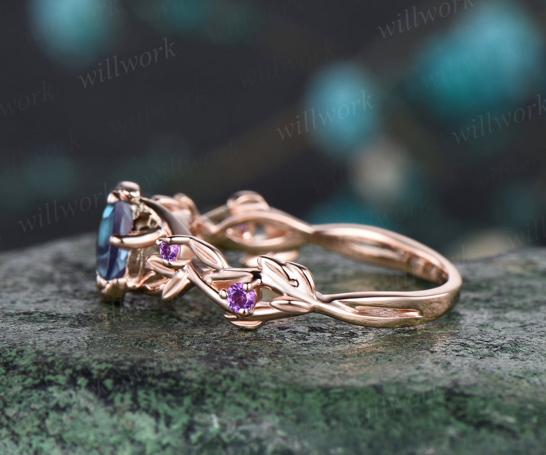 Round Cut Alexandrite June Birthstone Engagement Ring Unique Amethyst Moon Star Wedding Ring Leaf Vine Twig Branch Nature Inspired Anniversary Ring Jewelry Gift