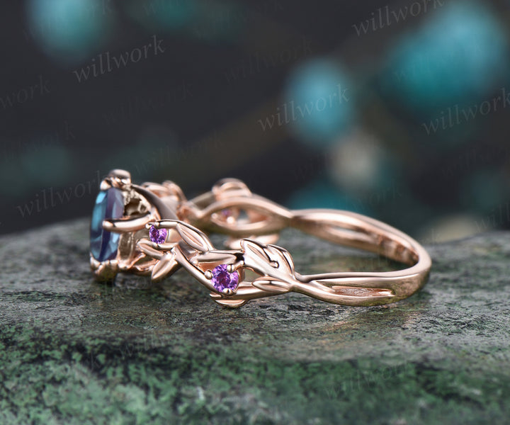 Round Cut Alexandrite June Birthstone Engagement Ring Unique Amethyst Moon Star Wedding Ring Leaf Vine Twig Branch Nature Inspired Anniversary Ring Jewelry Gift