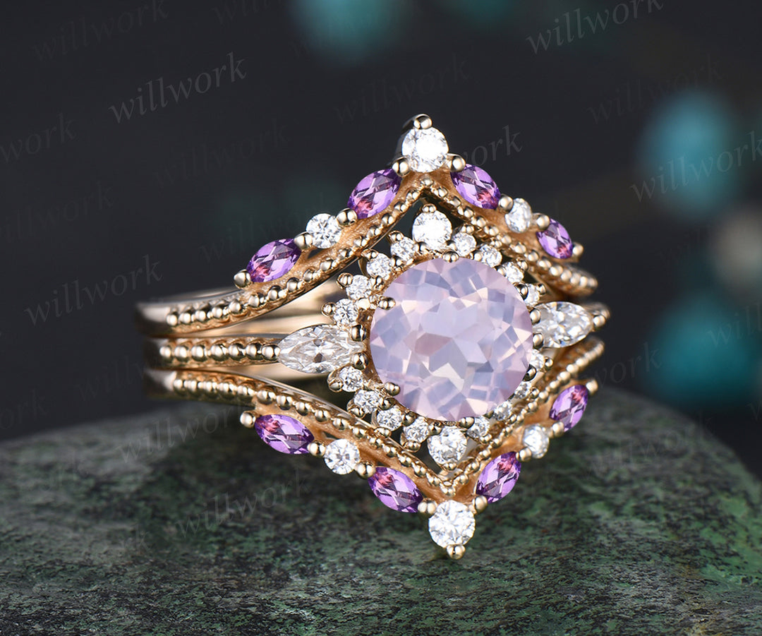 Vintage Round Cut Lavender Amethyst Engagement Ring Set Antique February Birthstone Purple Crystal Moissanite Halo Ring Milgrain 3pcs Bridal Ring Set