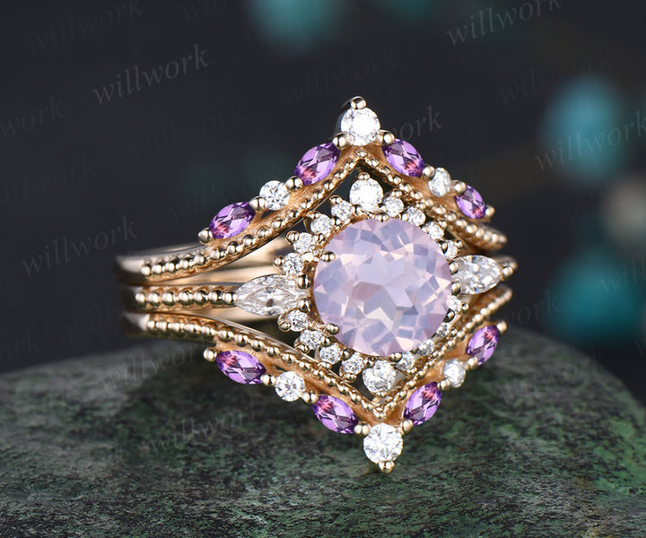 Vintage Round Cut Lavender Amethyst Engagement Ring Set Antique February Birthstone Purple Crystal Moissanite Halo Ring Milgrain 3pcs Bridal Ring Set