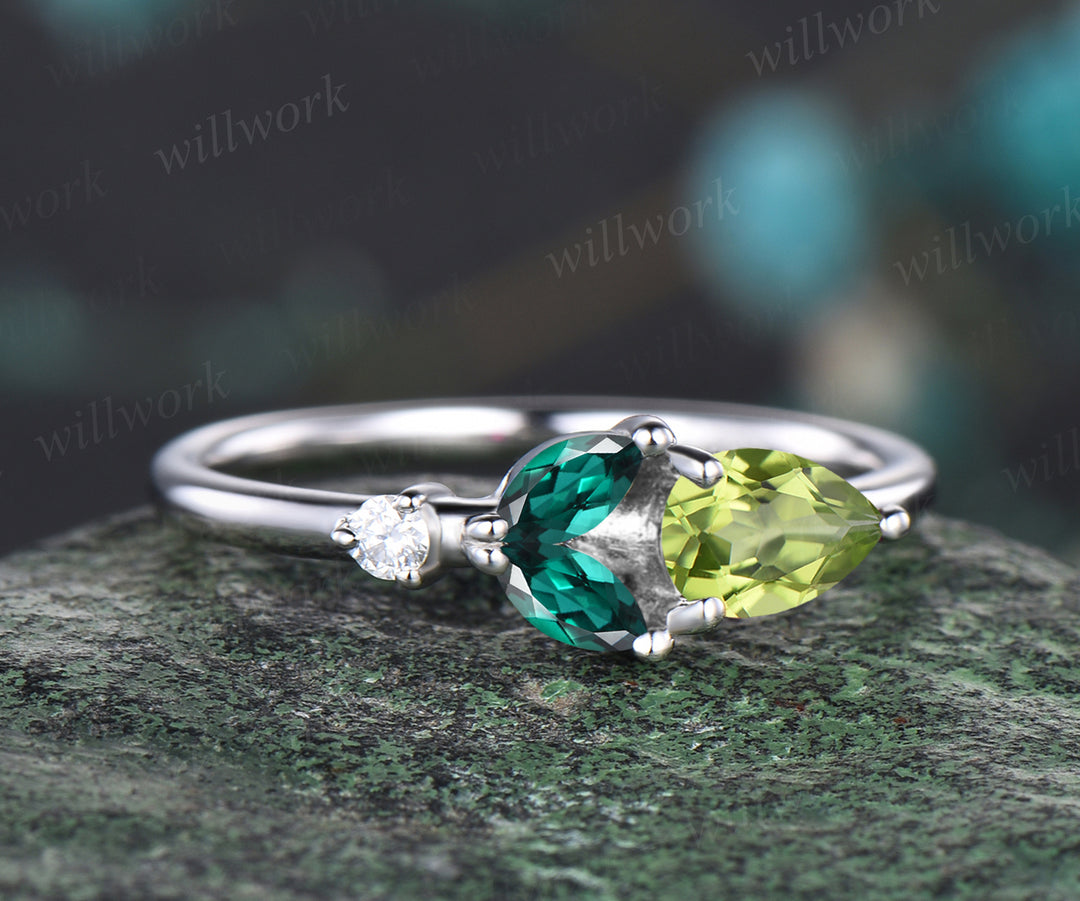 Minimalist Pear Cut August Birthstone Natural Peridot Ring Unique Rose Flower Floral Leaf Wedding Band Marquise Emerald Green Gemstone Promise Ring Delicate Jewelry Gift