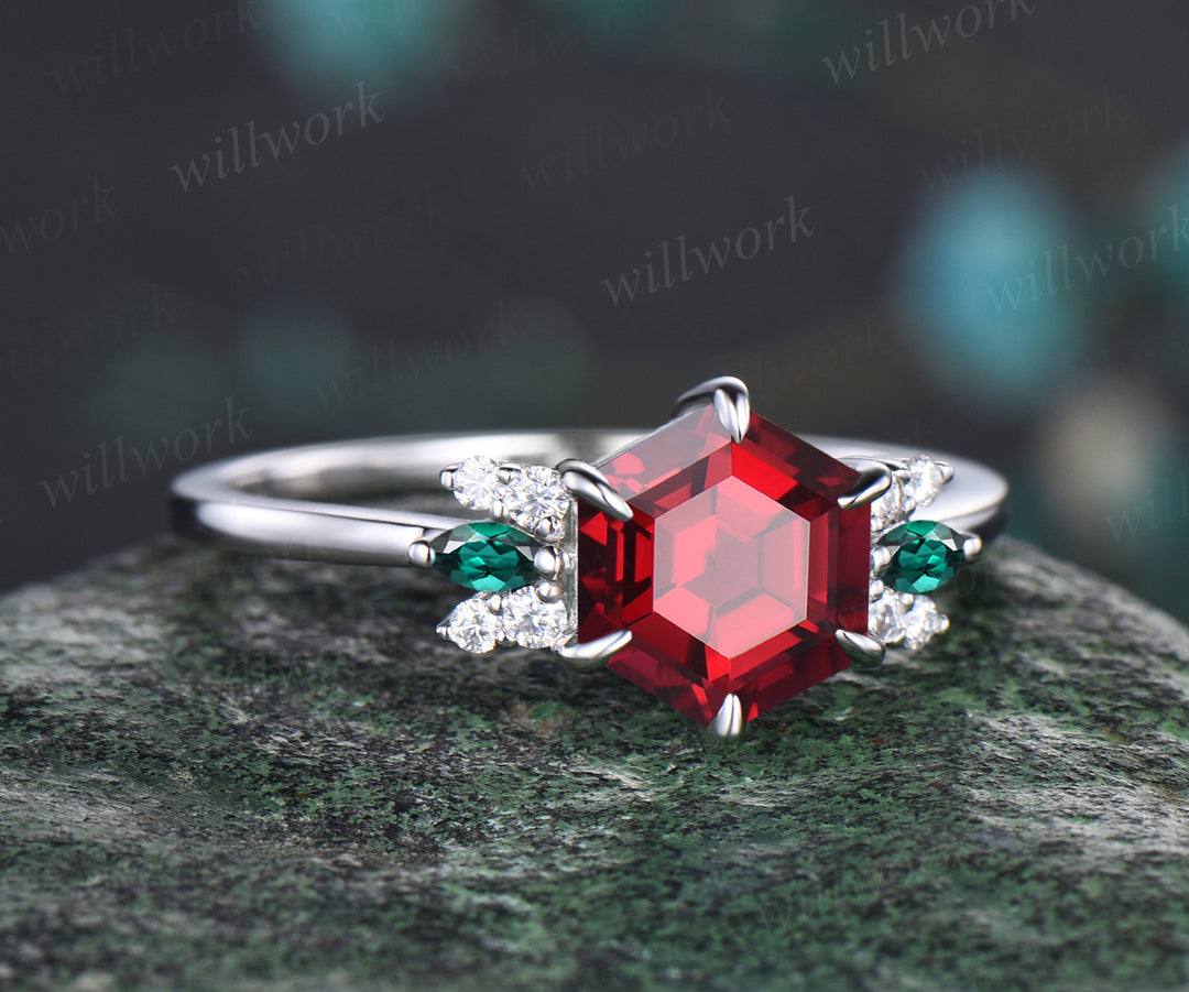 Unique Hexagon Cut July Birthstone Ruby Engagement Ring Moissanite May Birthstone Marquise Emerald Ring Art Deco White Gold Cluster Ring Gift For Mother
