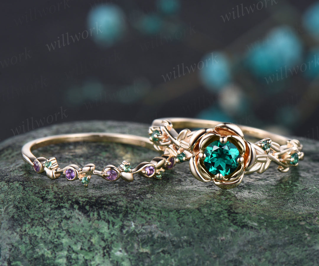 Unique Rose Flower Vine Twig Branch Nature Inspired Ring May Birthstone Emerald Engagement Ring Amethyst Floral Leaf Wedding Band 14k Yellow Gold 2pcs Bridal Ring Set