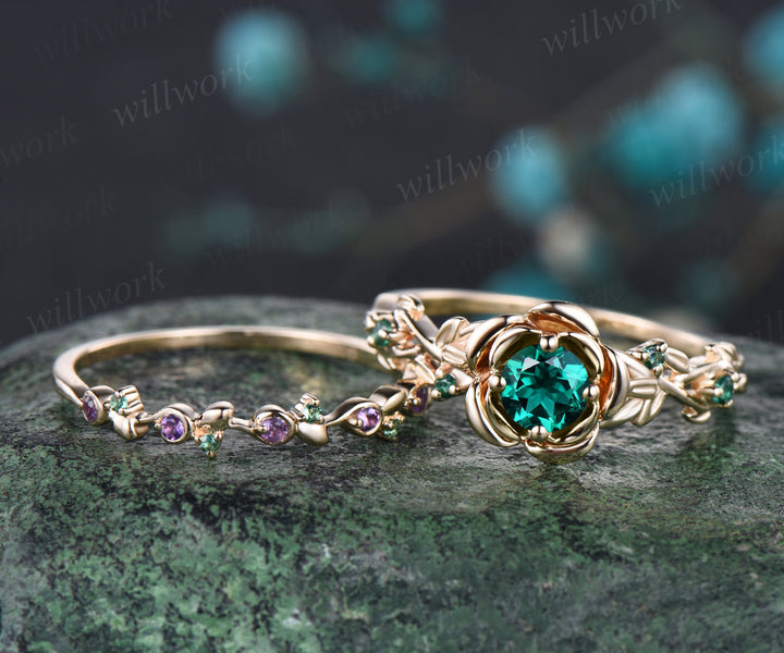 Unique Rose Flower Vine Twig Branch Nature Inspired Ring May Birthstone Emerald Engagement Ring Amethyst Floral Leaf Wedding Band 14k Yellow Gold 2pcs Bridal Ring Set