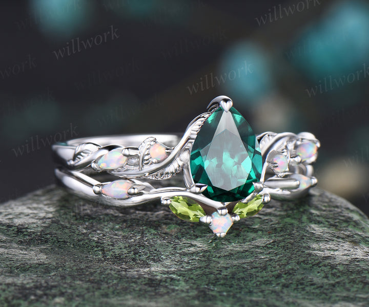 Unique May Birthstone Pear Cut Emerald Engagement Ring Set Leaf Vine Twig Branch Nature Inspired Ring Natural Peridot Opal Wedding Band Art Deco 2pcs Bridal Ring Set Green Gemstone Ring Women