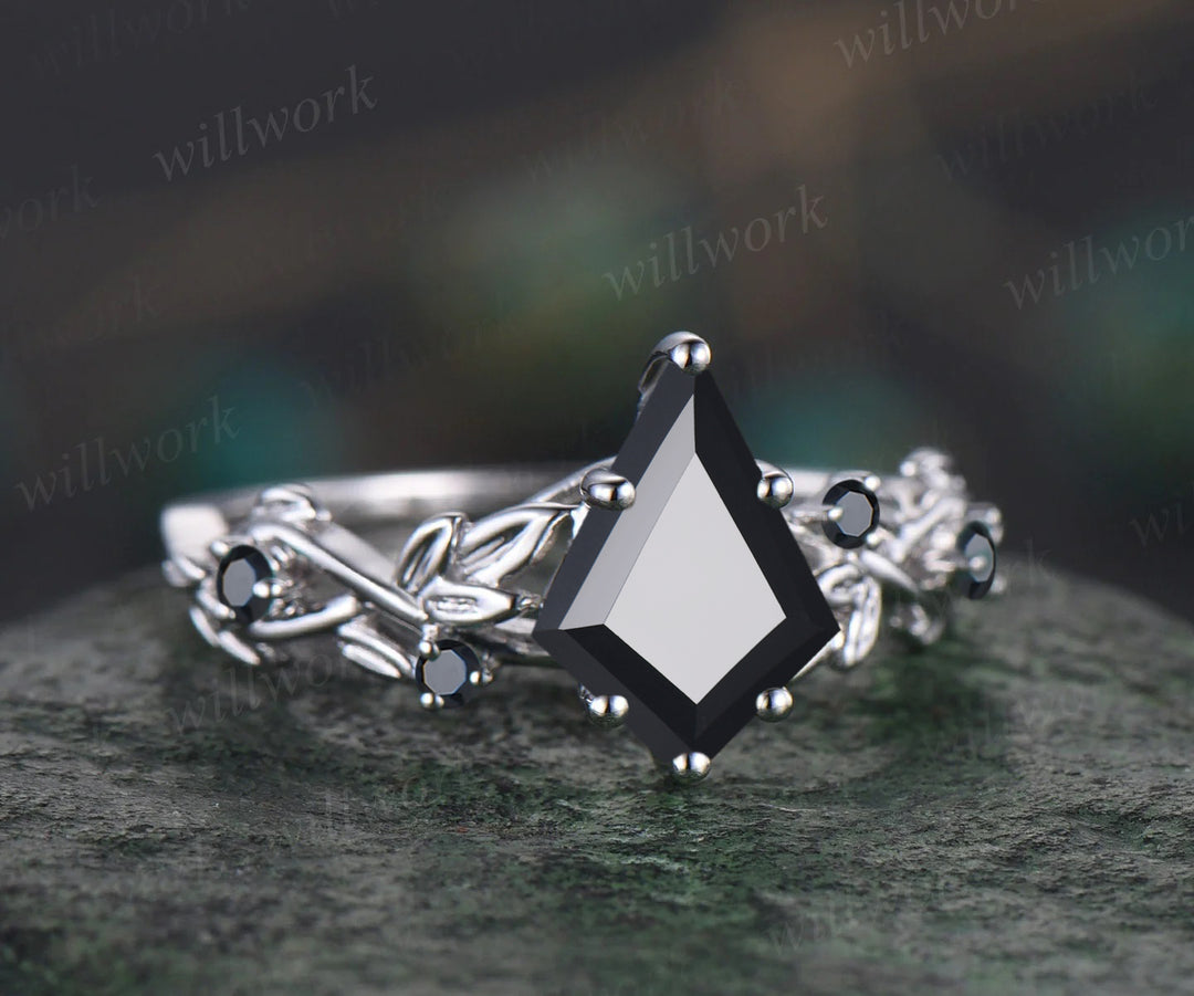 Twig Black Oynx ring vintage kite cut Black Oynx engagement ring nature inspired rose gold ring leaf anniversary ring women unique wedding ring