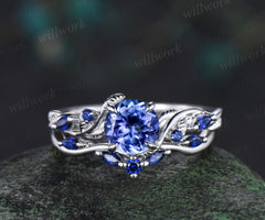 6.5mm round cut tanzanite engagement ring set nature inspired leaf vine ring blue sapphire curved band solid white gold bridal set