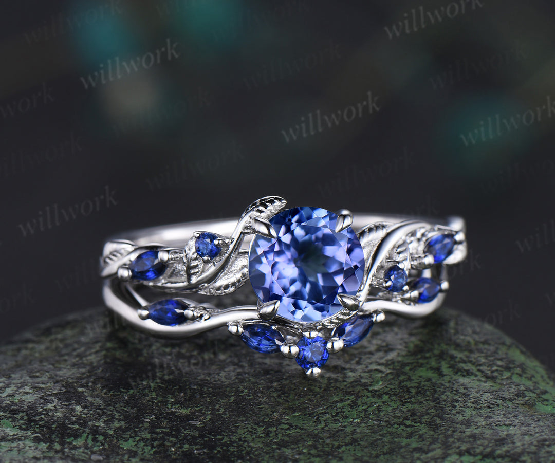6.5mm round cut tanzanite engagement ring set nature inspired leaf vine ring blue sapphire curved band solid white gold bridal set