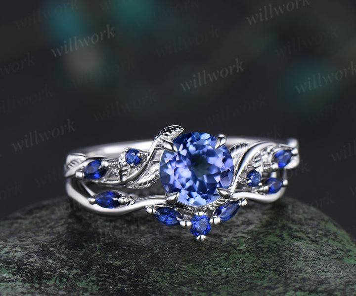 6.5mm round cut tanzanite engagement ring set nature inspired leaf vine ring blue sapphire curved band solid white gold bridal set