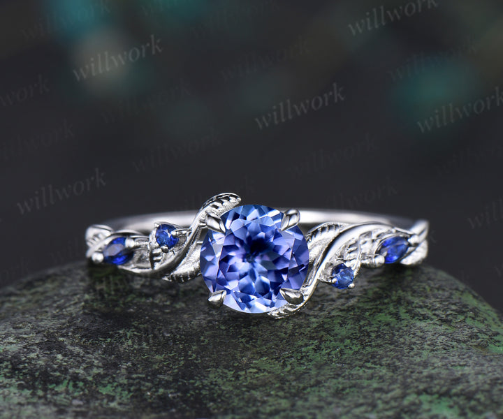 6.5mm round cut tanzanite engagement ring set nature inspired leaf vine ring blue sapphire curved band solid white gold bridal set