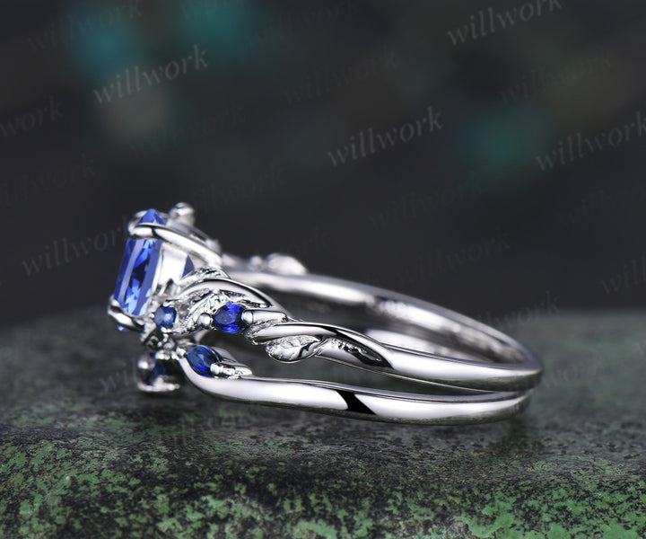6.5mm round cut tanzanite engagement ring set nature inspired leaf vine ring blue sapphire curved band solid white gold bridal set