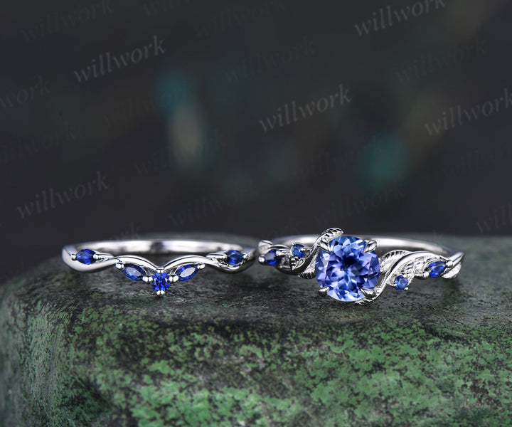 6.5mm round cut tanzanite engagement ring set nature inspired leaf vine ring blue sapphire curved band solid white gold bridal set
