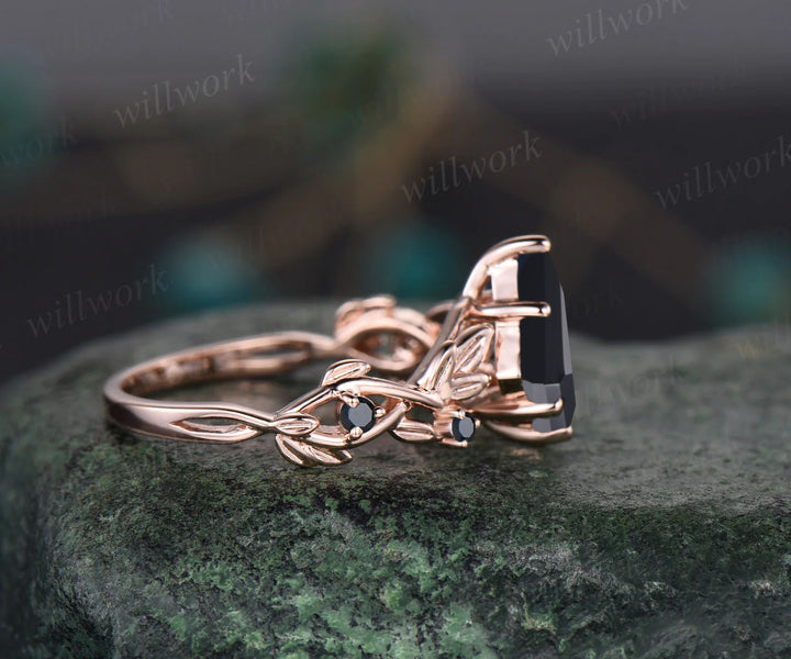 Twig Black Oynx ring vintage kite cut Black Oynx engagement ring nature inspired rose gold ring leaf anniversary ring women unique wedding ring