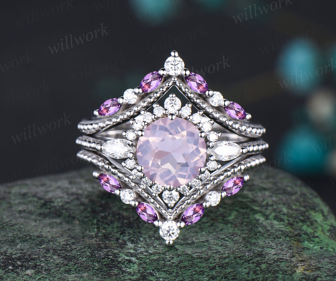 Vintage Round Cut Lavender Amethyst Engagement Ring Set Antique February Birthstone Purple Crystal Moissanite Halo Ring Milgrain 3pcs Bridal Ring Set